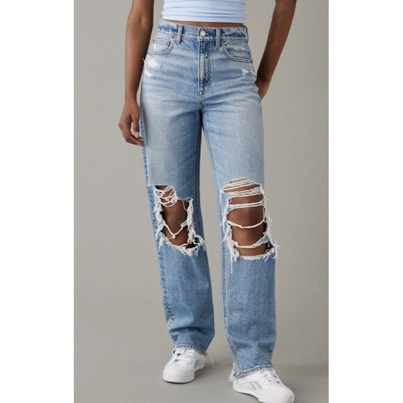 American Eagle Outfitters Denim - American Eagle Highest Rise Baggy Straight Jeans Size 14R Light Wash Distressed